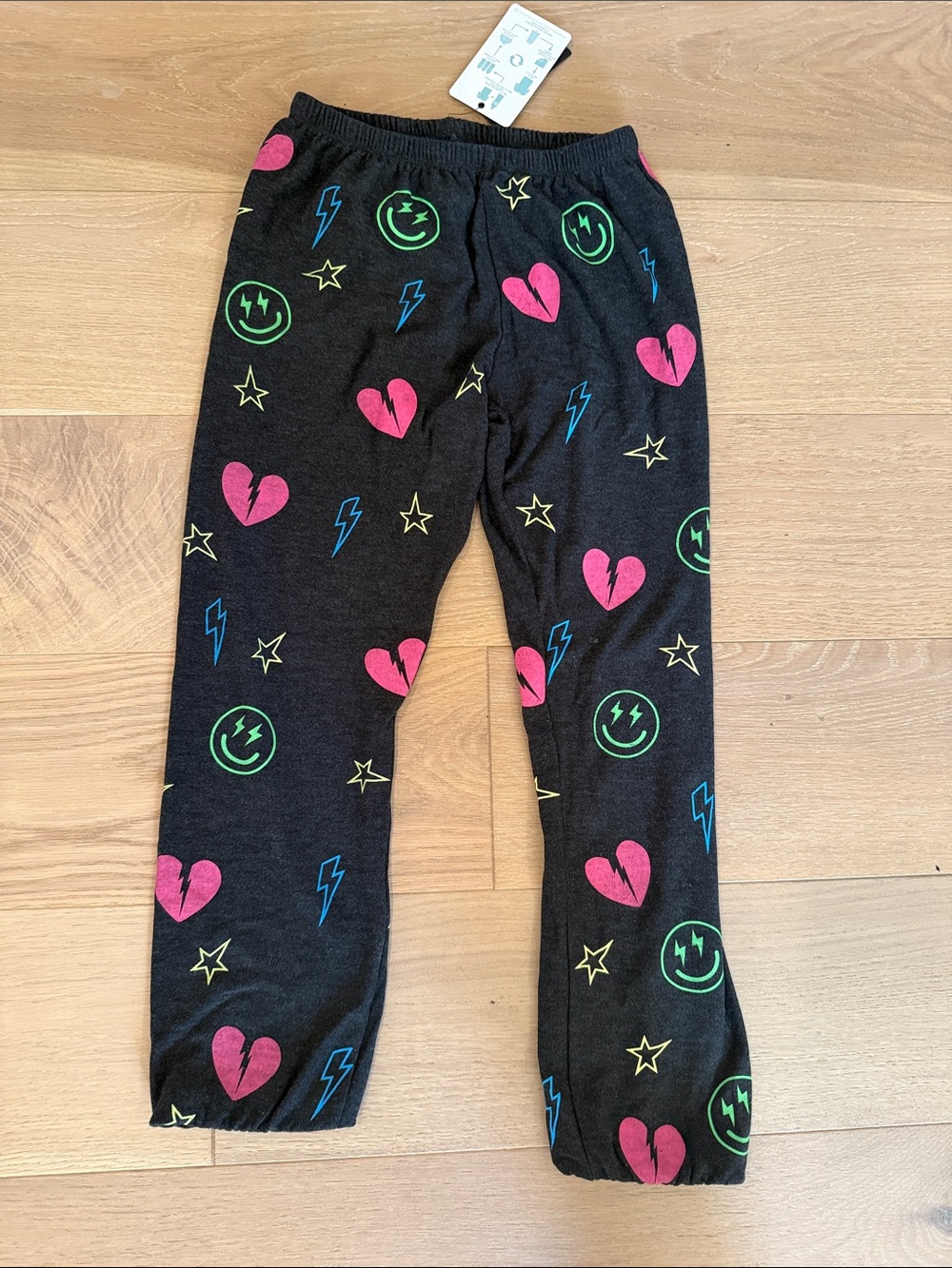 NWT Chaser Girls Black Joggers with Multicolor Hearts, Smileys, Stars size 12
